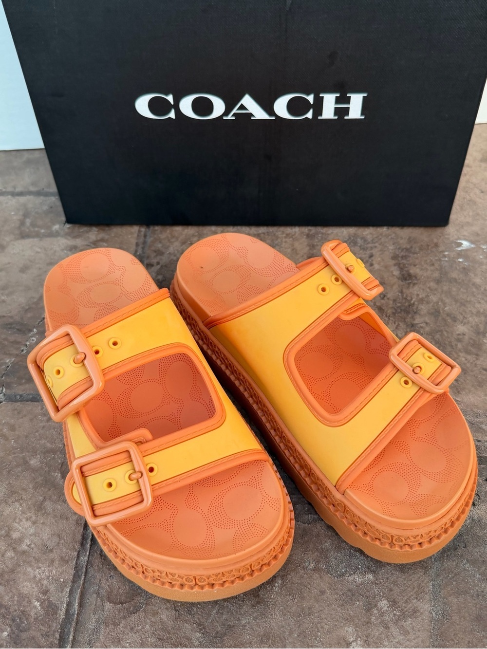 Coach Kids Two-Tone Orange and Yellow Buckle Platform Sandals